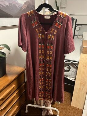 Roolee Burgundy Floral Embroidered V-Neck Tunic